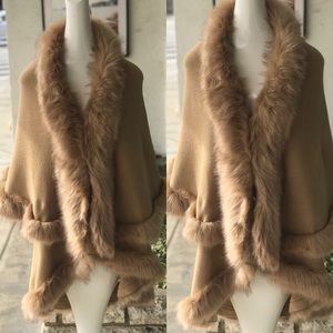Luxurious Camel Faux Fur Double Layer Cape Coat